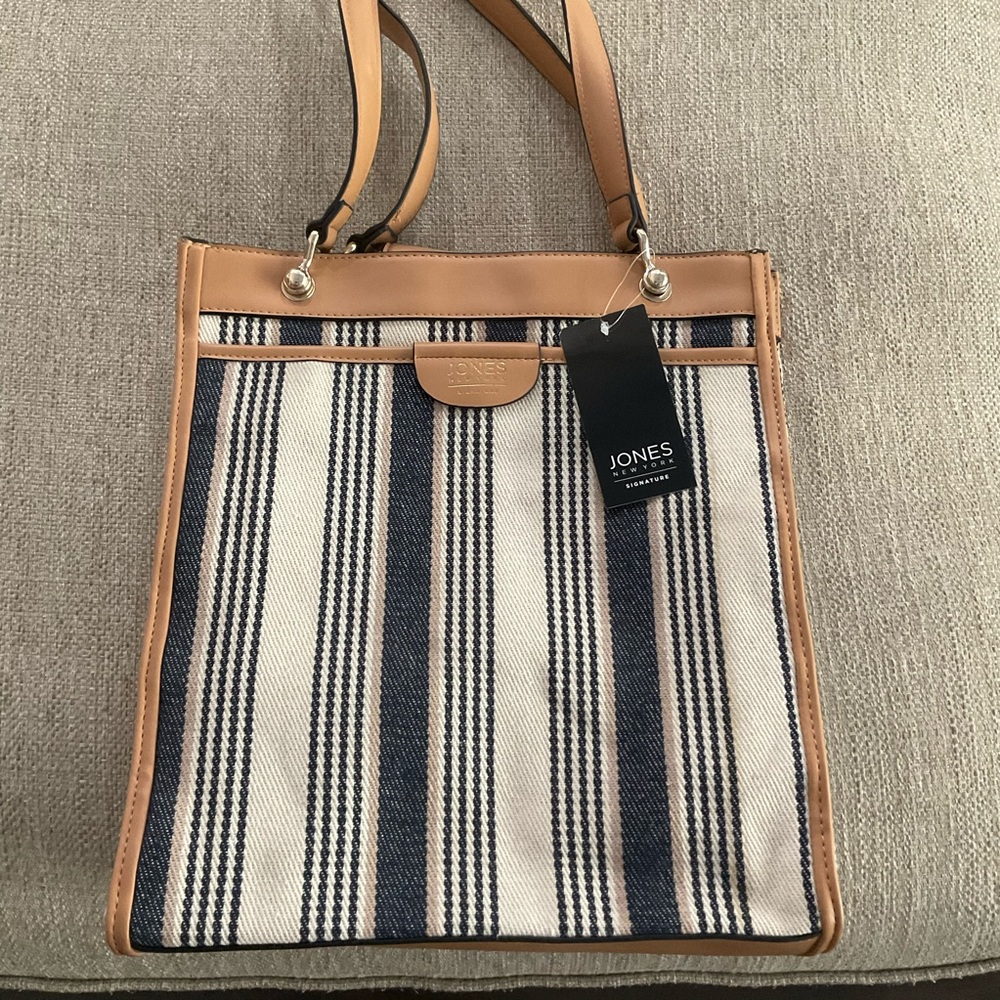 Jones New York Signature Canvas Striped white and Blue Shoulder Bag/Tote bag.